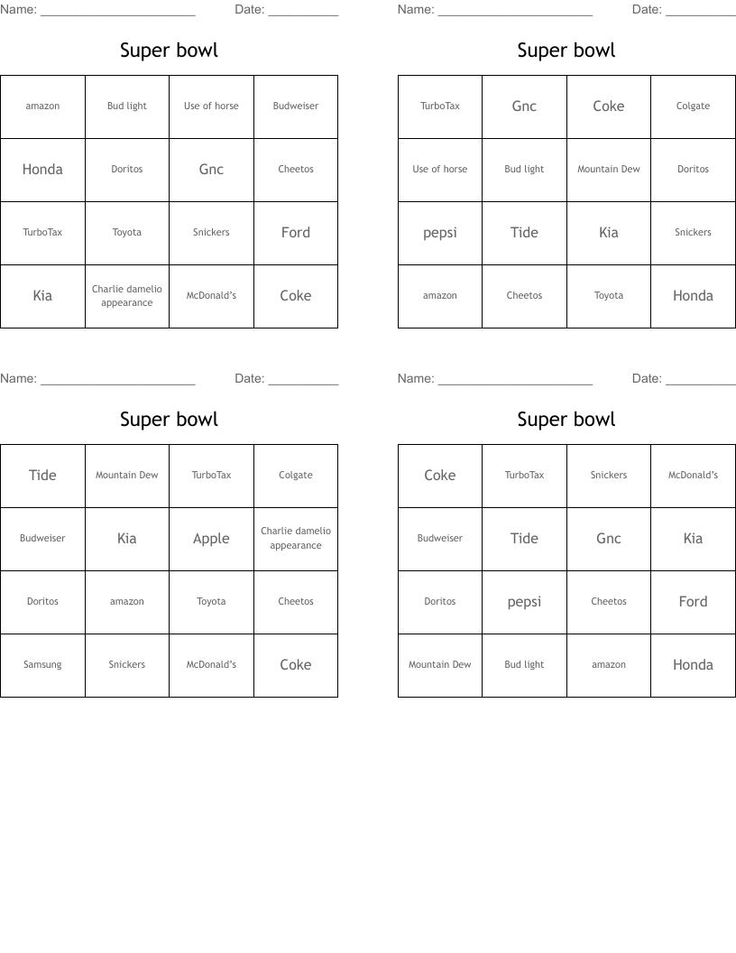 Super bowl Bingo Cards