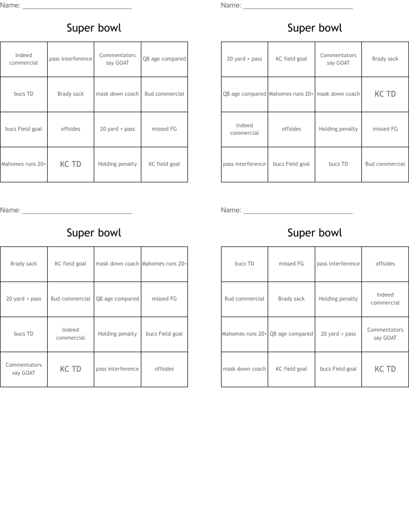 Super bowl Bingo Cards