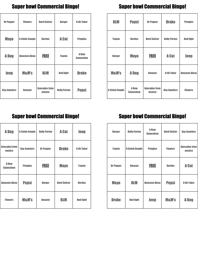 Super bowl Commercial Bingo!
