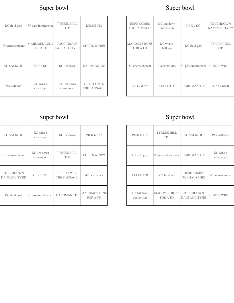 Super bowl  Bingo Cards