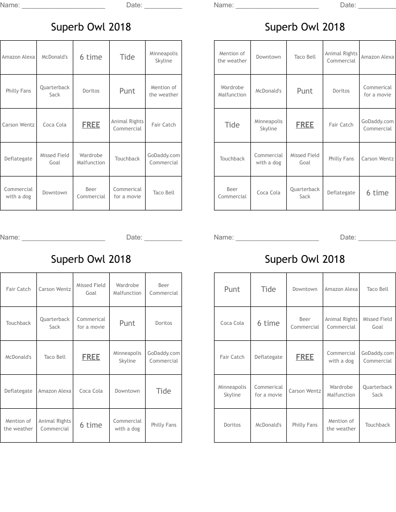 Superb Owl 2018 Bingo Cards
