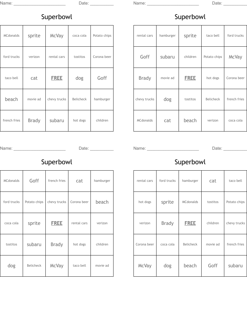 Superbowl Bingo Cards