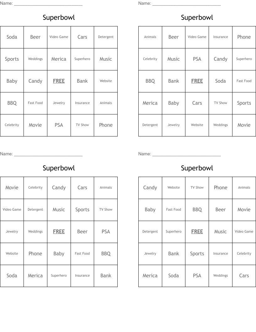 Superbowl Bingo Cards