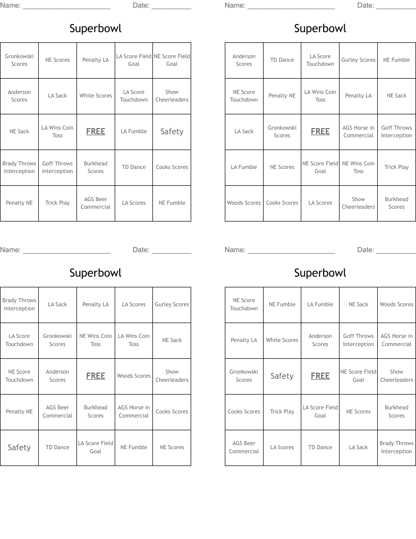 Superbowl Bingo Cards