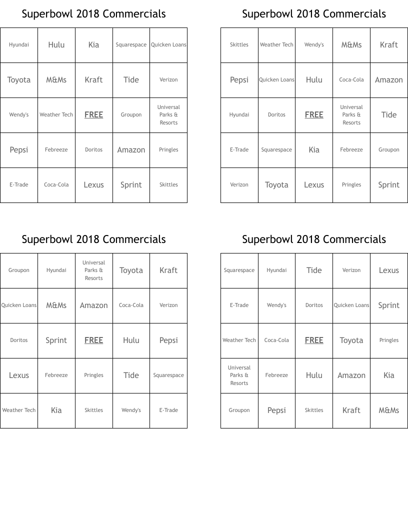 Superbowl 2018 Commercials Bingo Cards