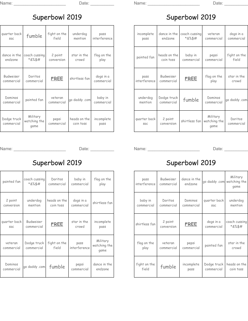Superbowl 2019 Bingo Cards