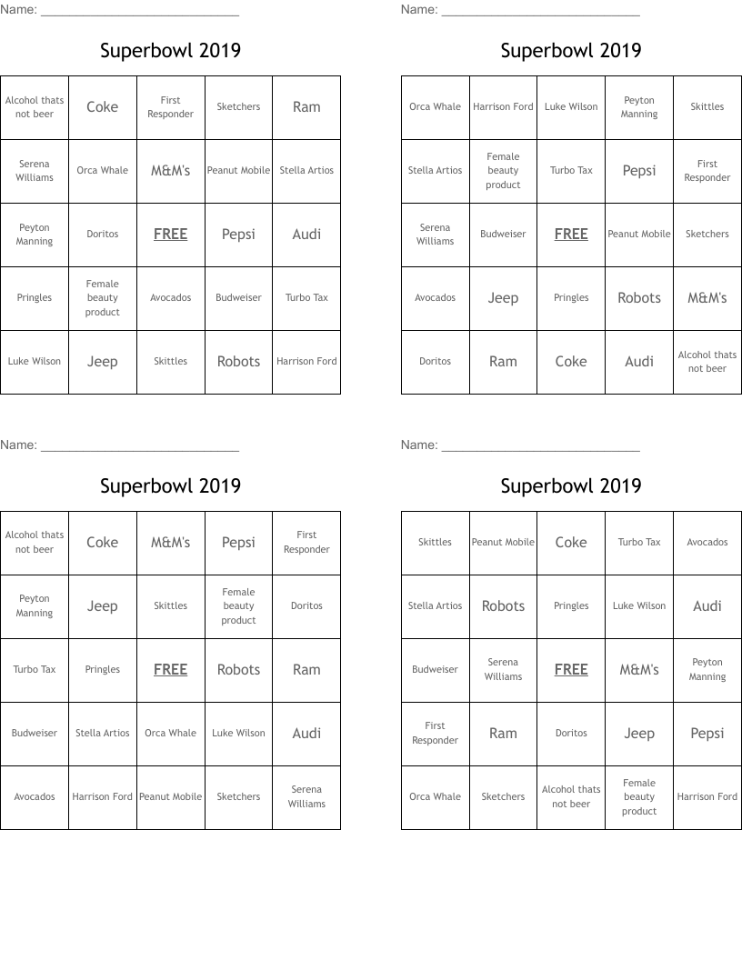 Superbowl 2019 Bingo Cards