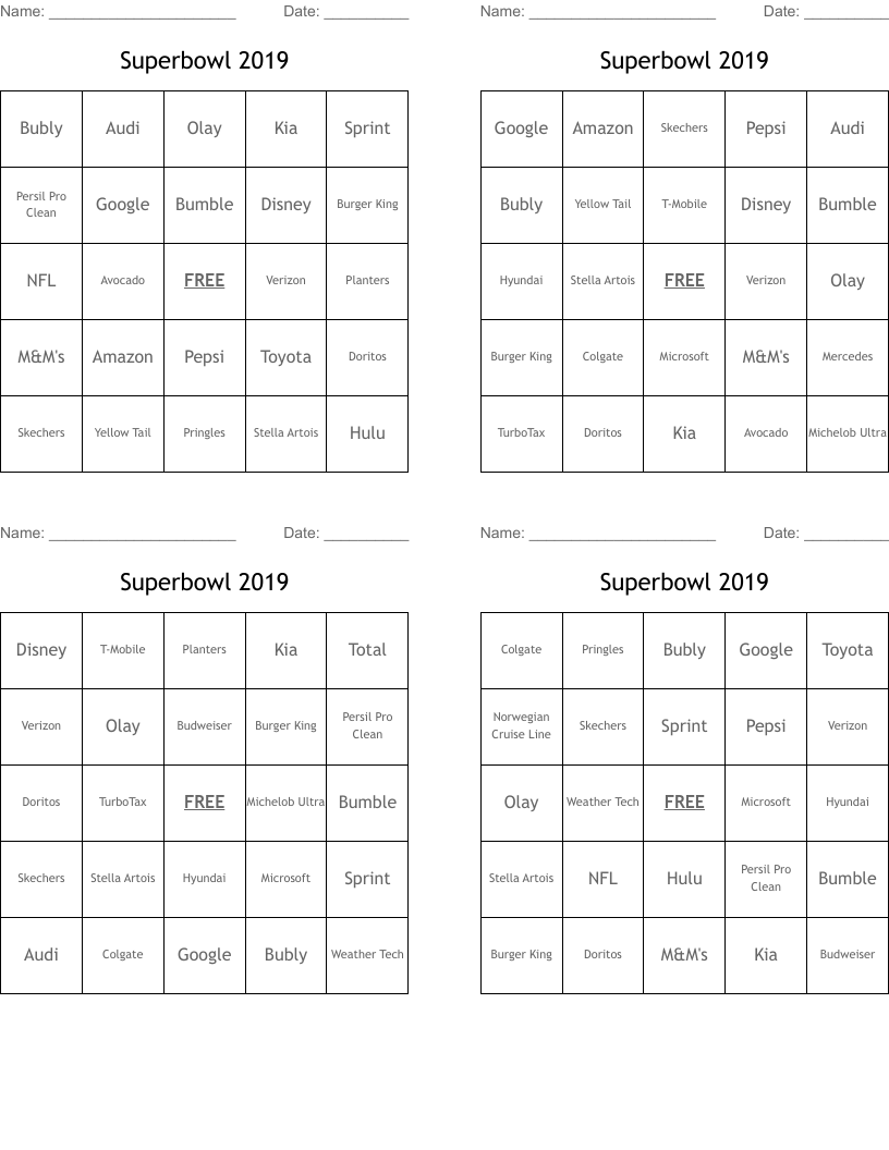 Superbowl 2019 Bingo Cards