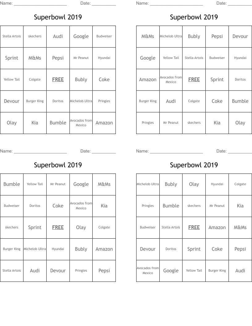 Superbowl 2019 Bingo Cards