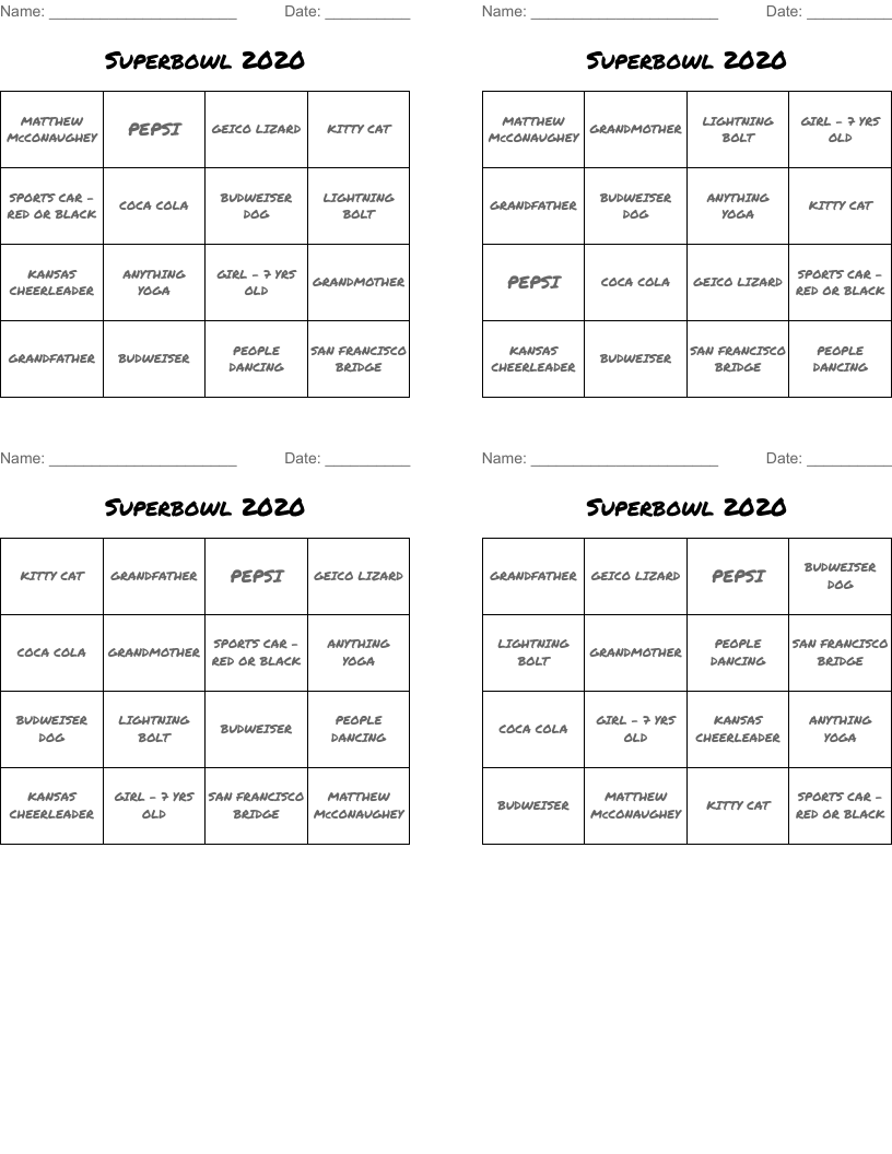 Superbowl 2020 Bingo Cards