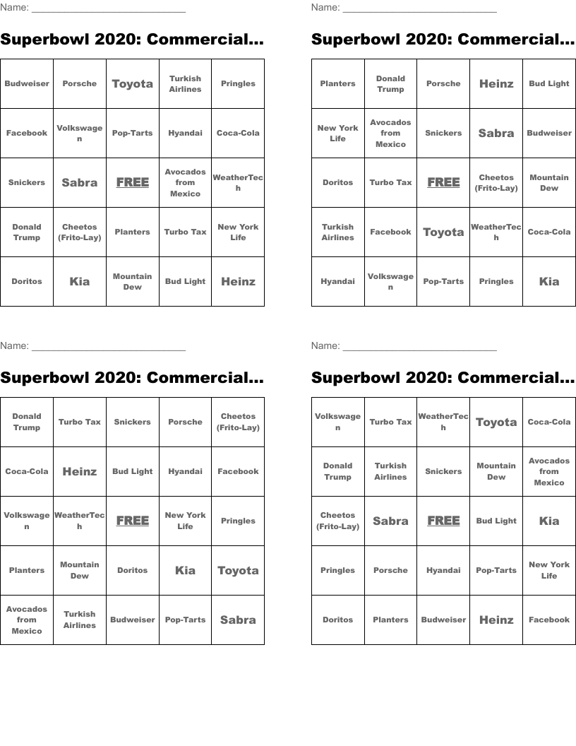 Superbowl 2020: Commercial Bingo