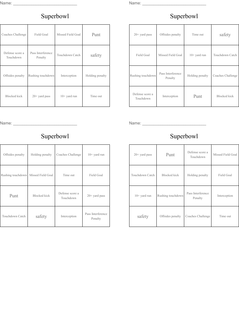 Superbowl Bingo Cards