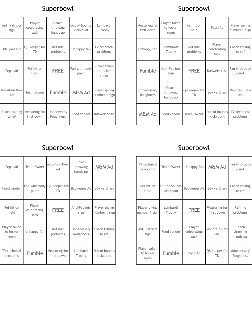 Superbowl Bingo Cards