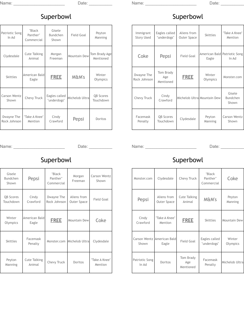 Superbowl Bingo Cards
