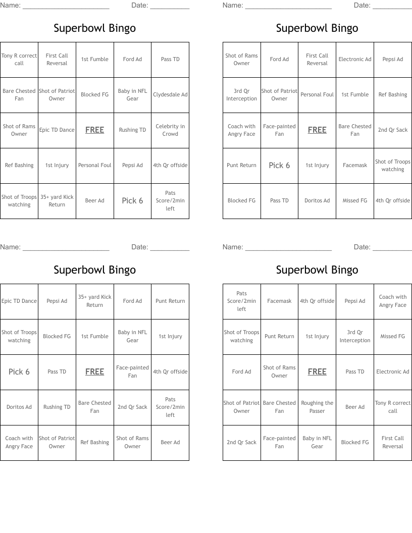 Superbowl Bingo