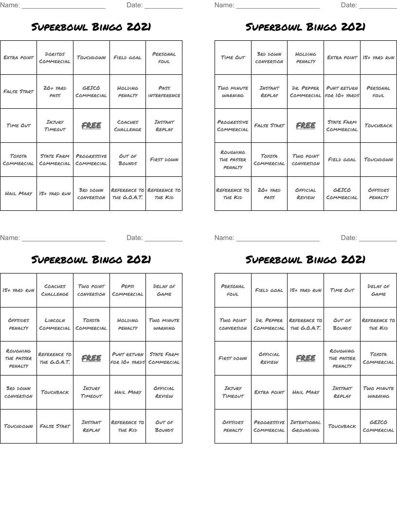 Superbowl Bingo 2021