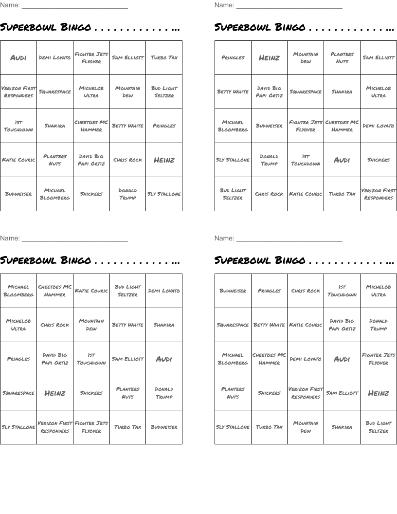 Superbowl Bingo . . . . . . . . . . . . . . . . . . . . - See It, Mark It