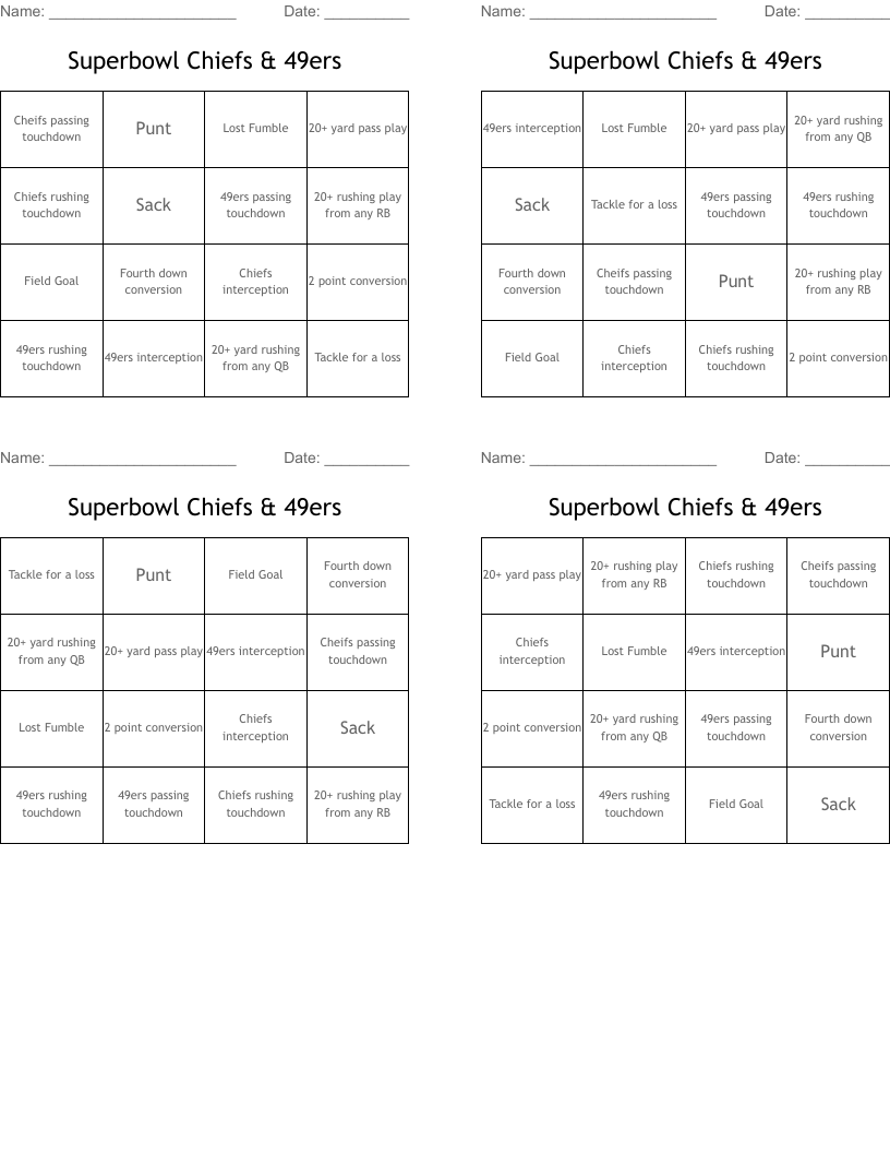 Superbowl Chiefs & 49ers Bingo Cards