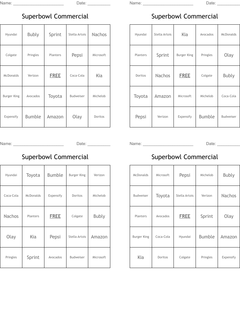 Superbowl Commercial Bingo Cards