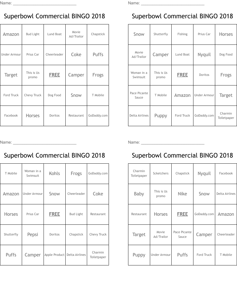 Superbowl Commercial BINGO 2018