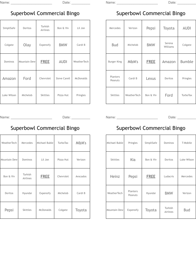 Superbowl Commercial Bingo