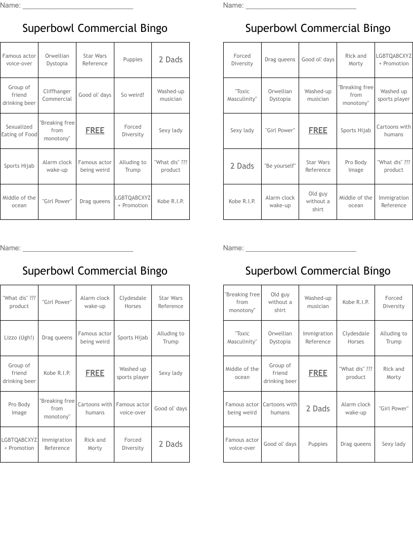 Superbowl Commercial Bingo