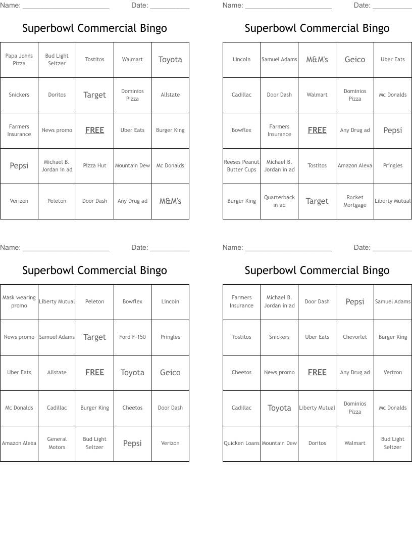 Superbowl Commercial Bingo