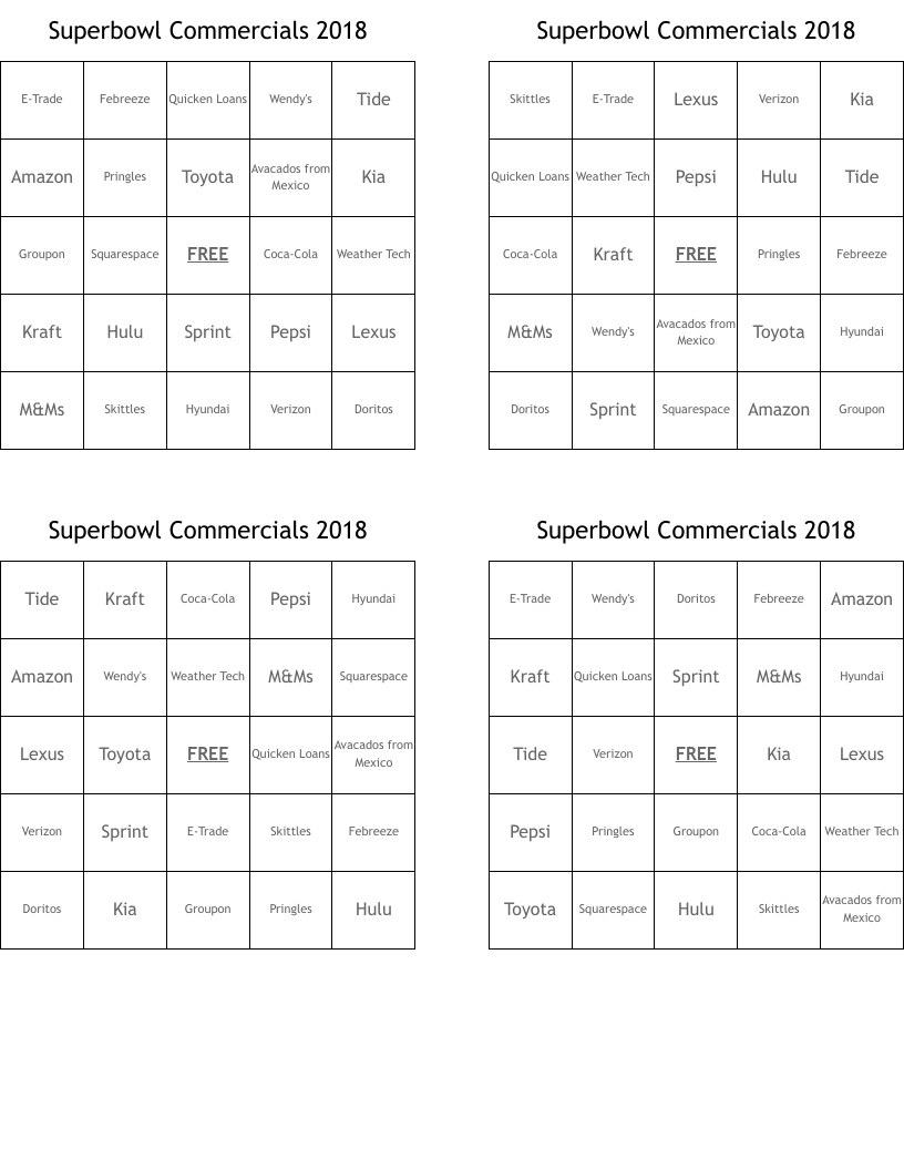 Superbowl Commercials 2018 Bingo Cards