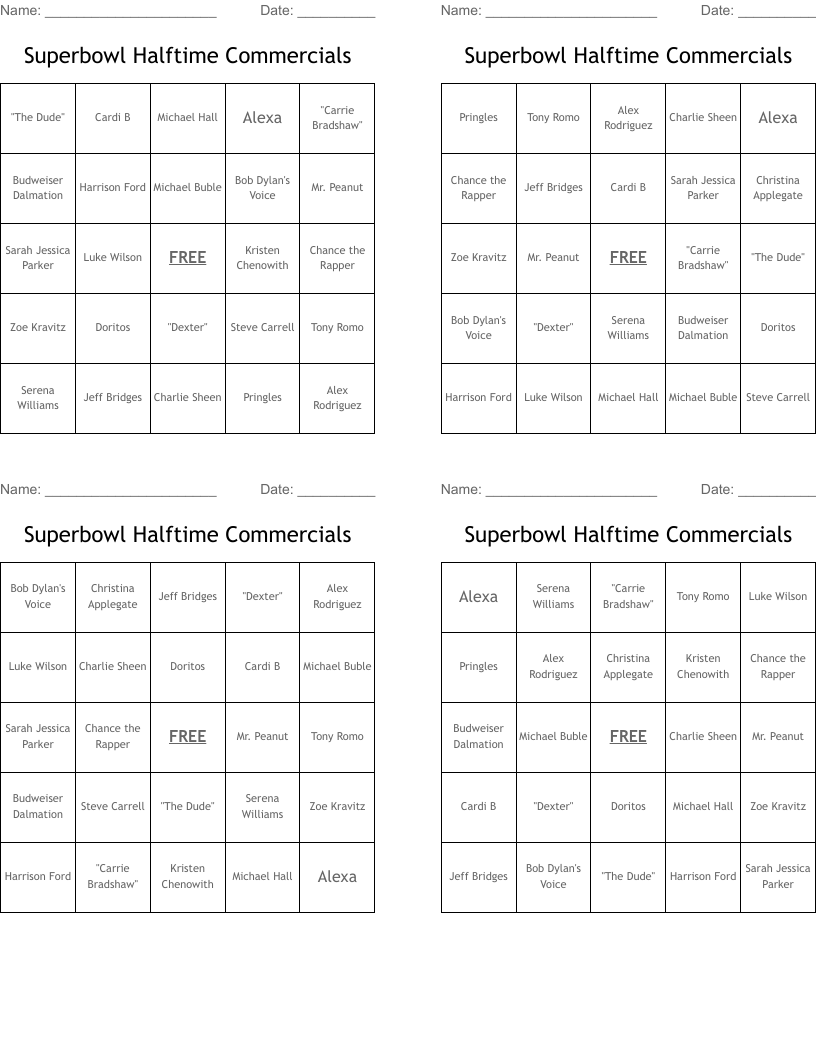 Superbowl Halftime Commercials Bingo Cards