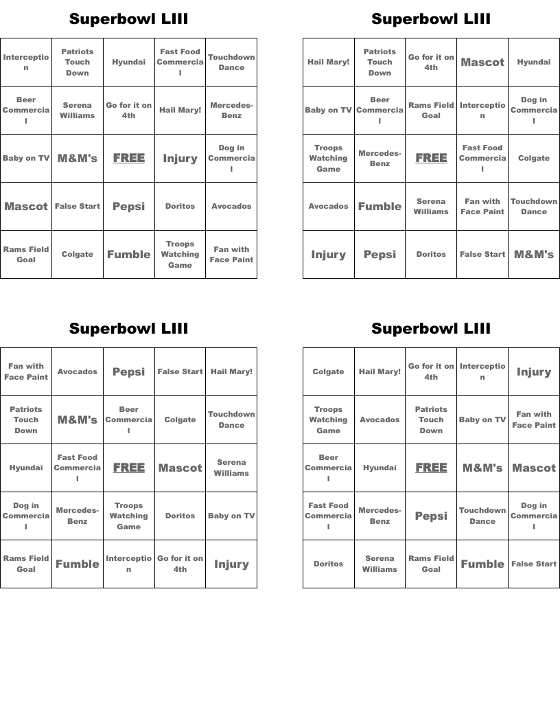 Superbowl LIII Bingo Cards
