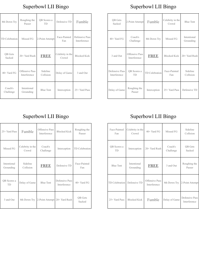 Superbowl LII Bingo