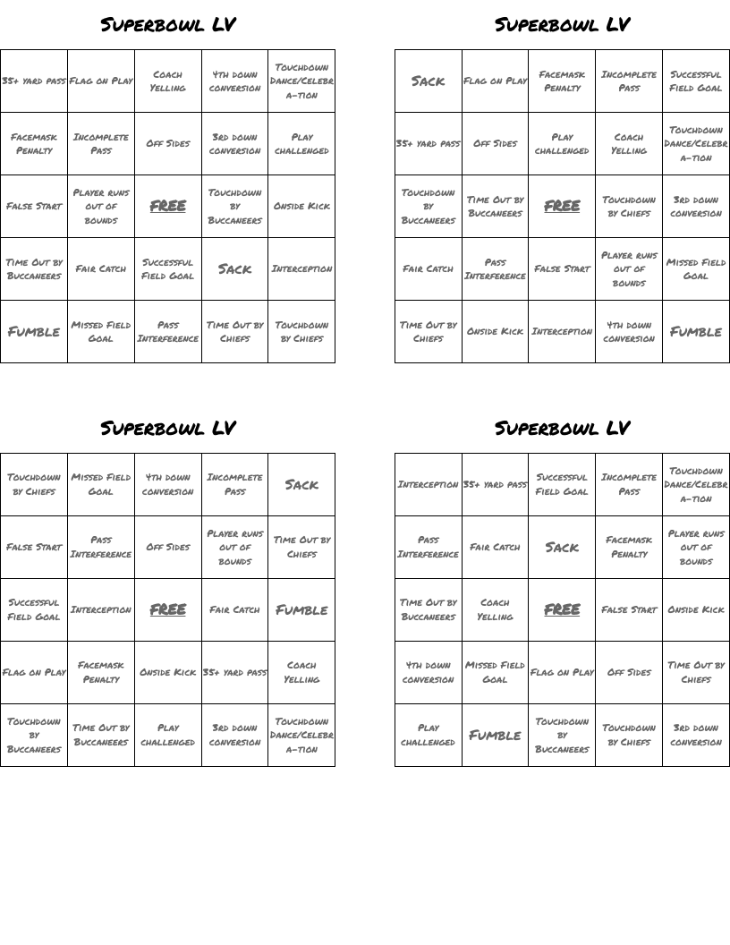 Superbowl LV Bingo Cards