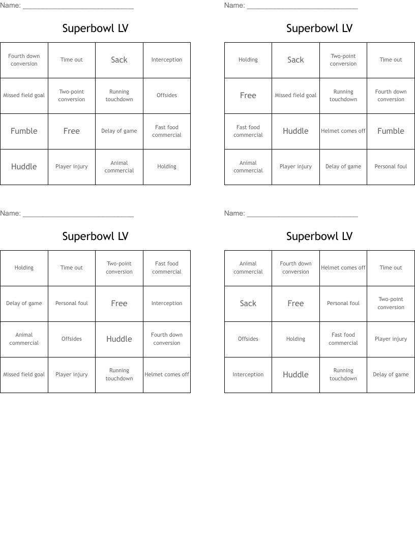 Superbowl LV Bingo Cards