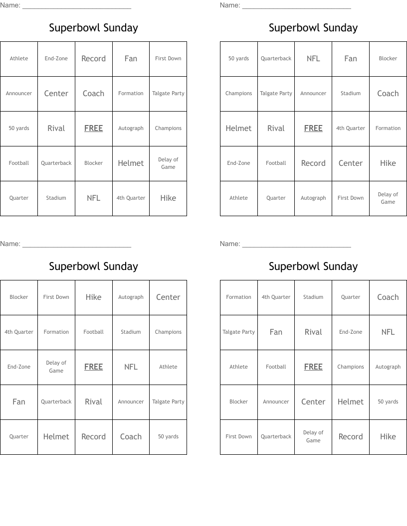 Superbowl Sunday Bingo Cards