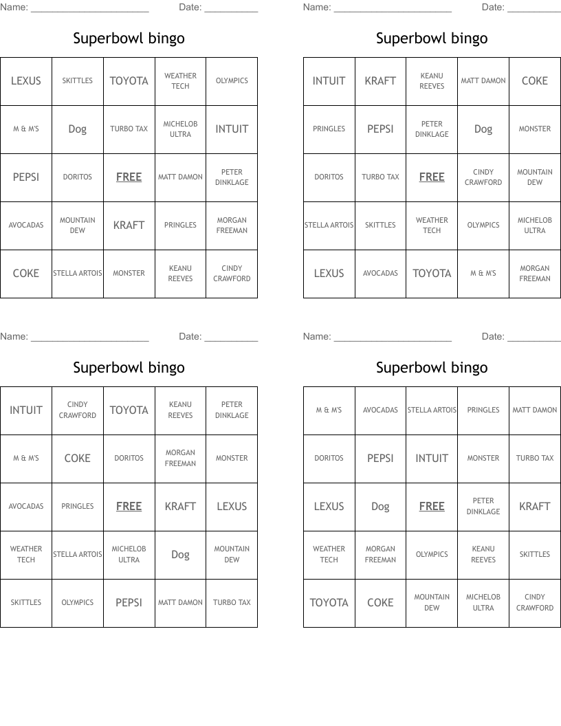 Superbowl bingo