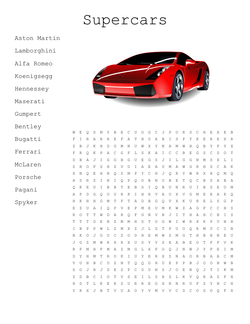 Supercars Word Search