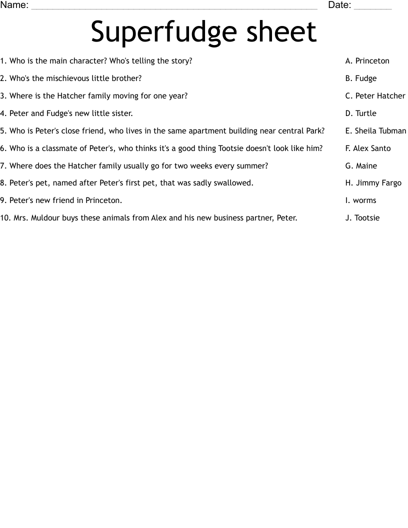 Superfudge sheet Worksheet