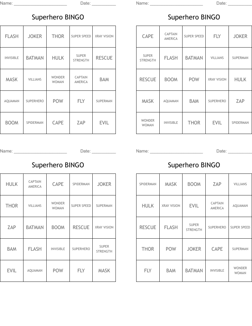 Superhero BINGO