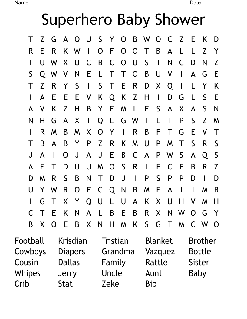 Superhero Baby Shower Word Search