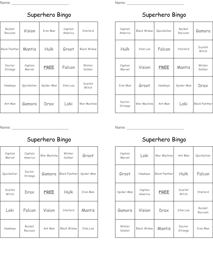 Superhero Bingo