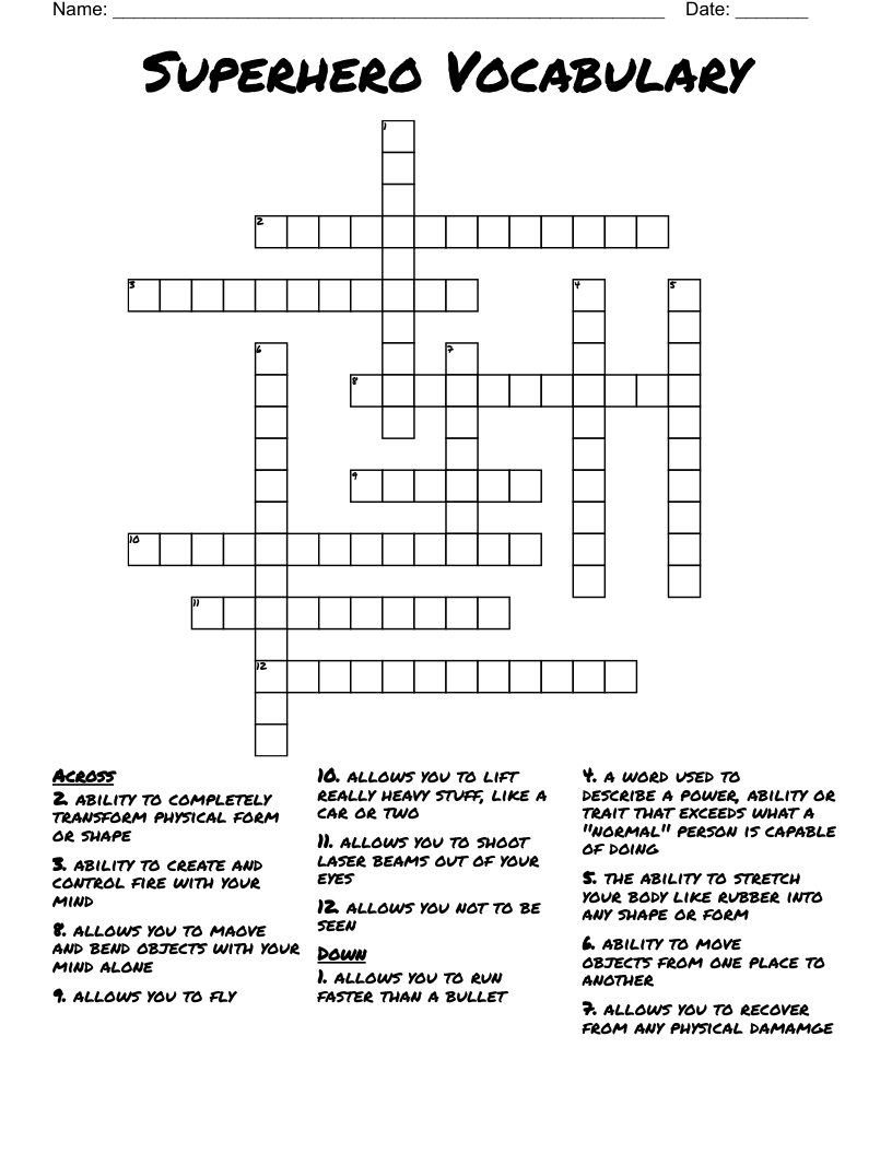 Superhero Vocabulary Crossword