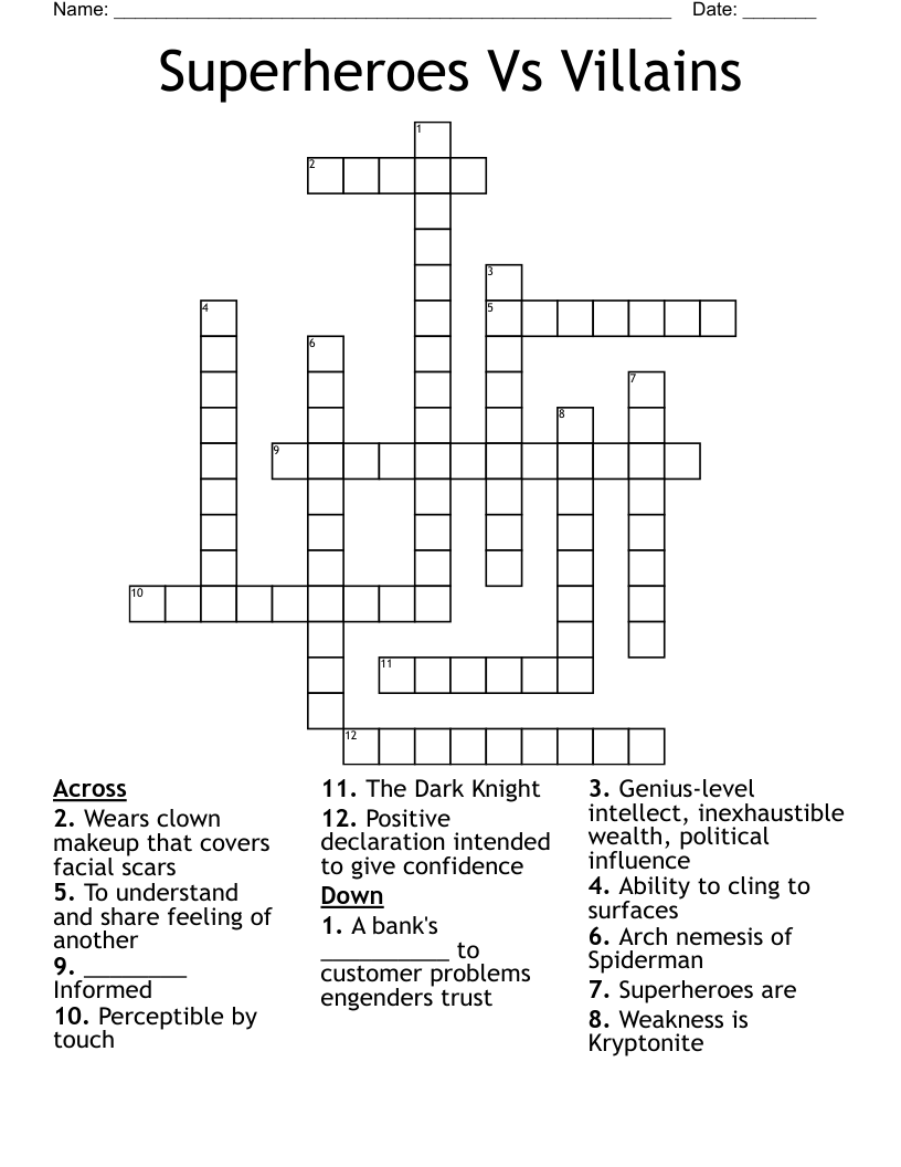 Superheroes Vs Villains Crossword