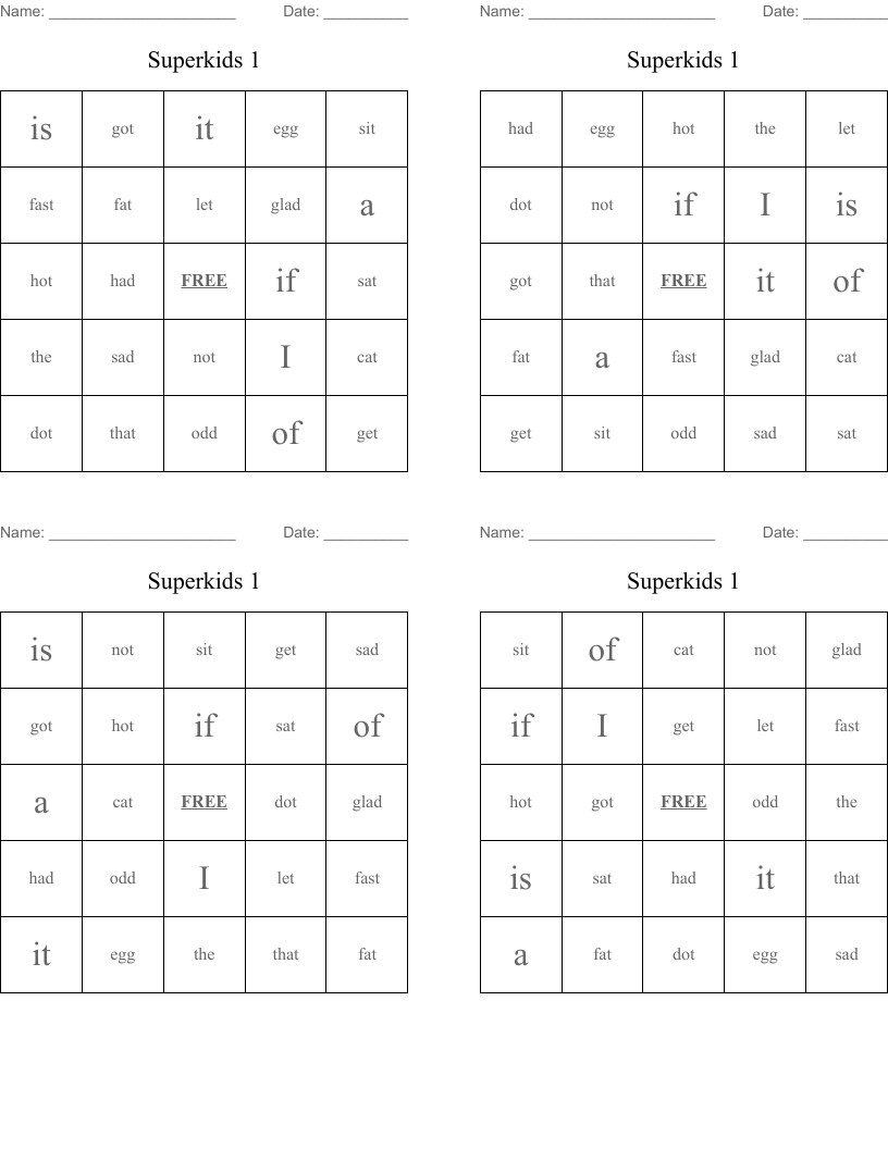 Superkids 1 Bingo Cards