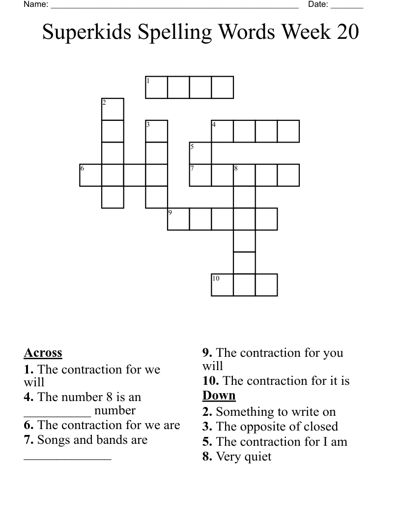 Superkids Spelling Words Week 20 Crossword