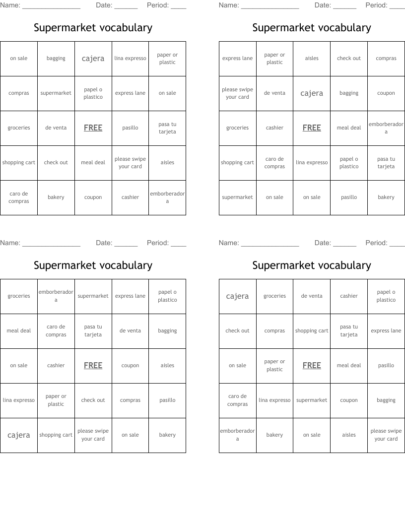 Supermarket vocabulary Bingo Cards