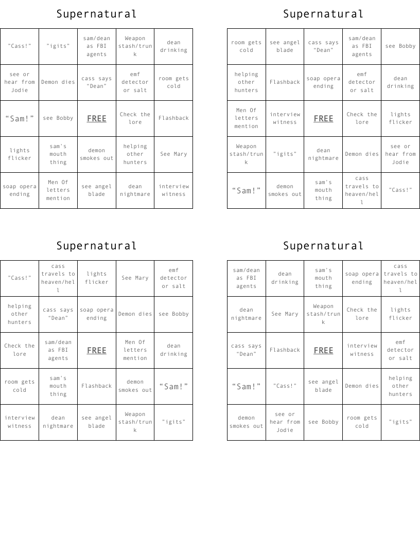 Supernatural Bingo Cards
