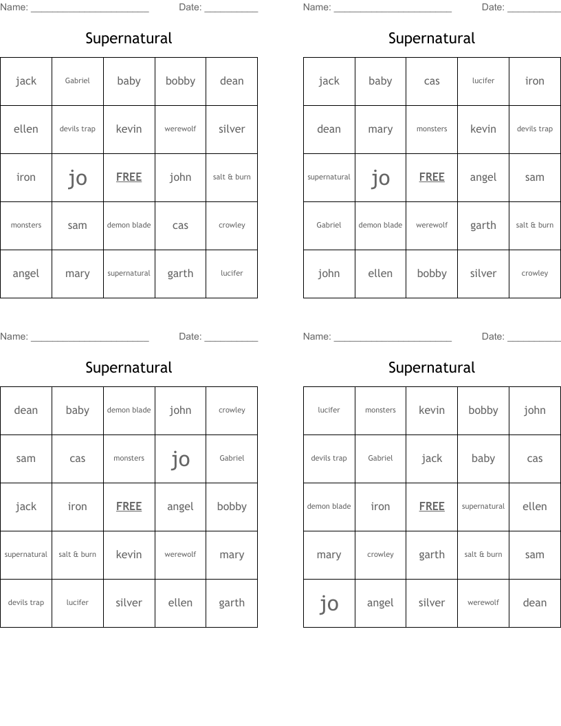 Supernatural Bingo Cards