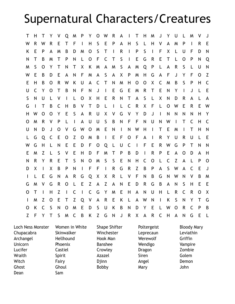 Supernatural Characters/Creatures Word Search