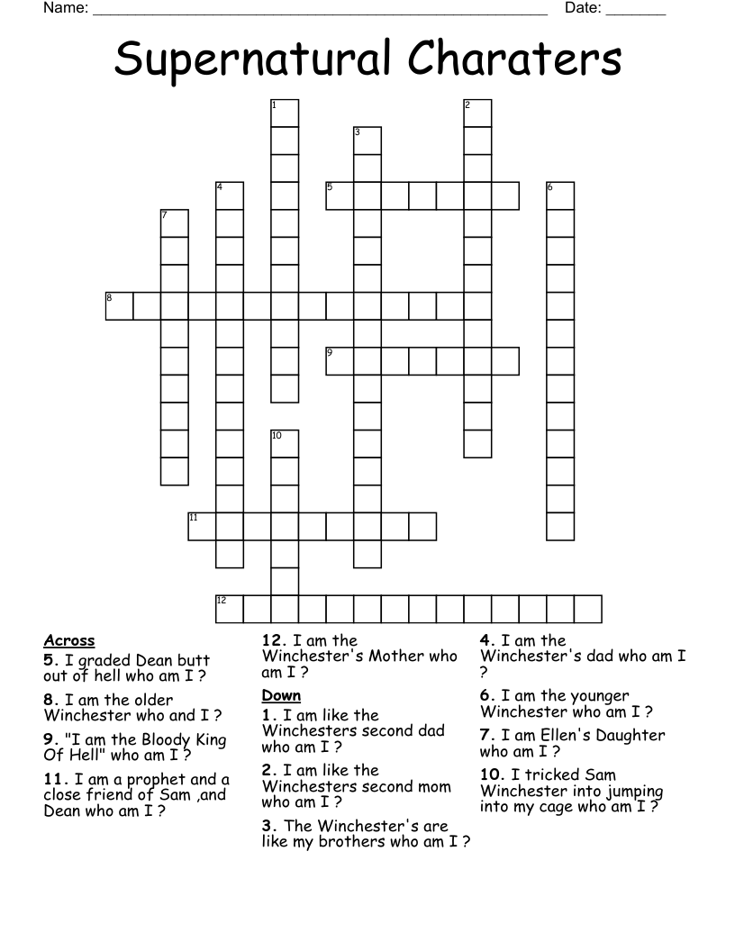 Supernatural Charaters  Crossword