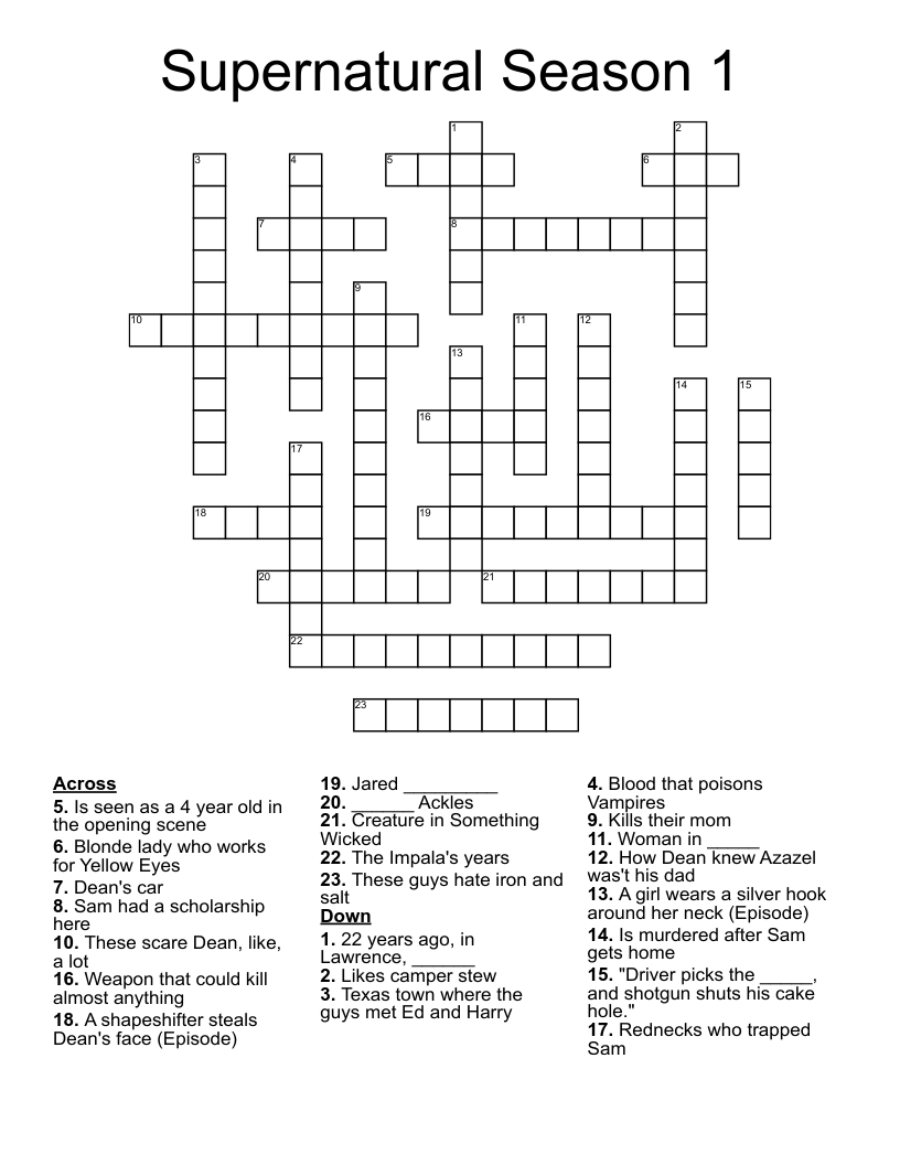 Supernatural Season 1 Crossword